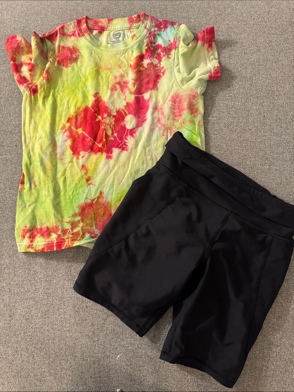 5/$15- Kids Tie-Dye Tee with Black Athletic Shorts